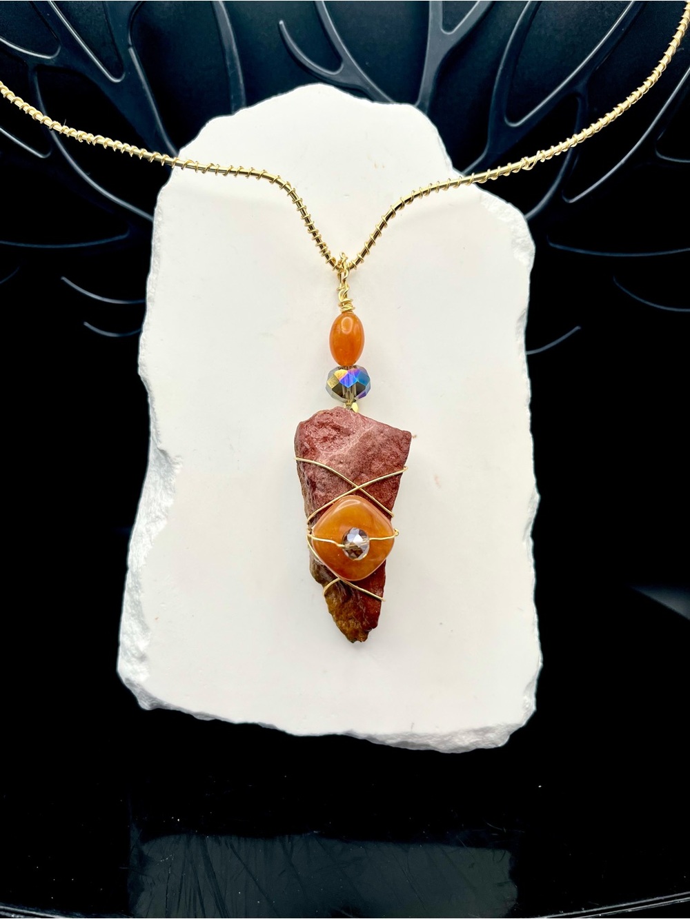 Handcrafted Orange & Brown Stone Wire-Wrap Pendant Necklace